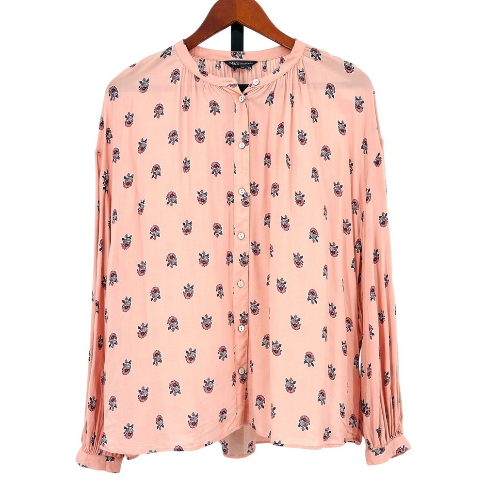 MARKS & SPENCER Peasant Top Button Front Pink Coral Mix Banded Collar US Size 10